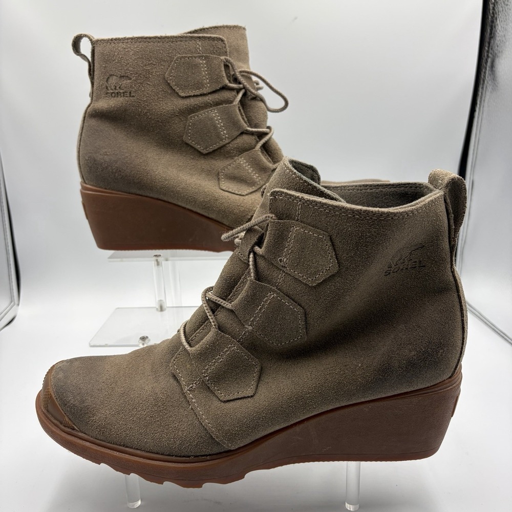 Sorel Toronto Wedge Ankle Boot Suede Olive Gray Lace Up Bootie NL2115-245 Sz 9